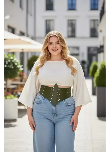 Büyük Beden Haki Kadın Korse Kemer, Zımba Detaylı Kalın Bel Aksesuarı - APFT905