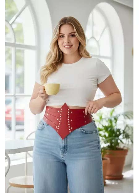 Büyük Beden Kırmızı Kadın Kemer Korse Formlu Zımba Detaylı - APFT905