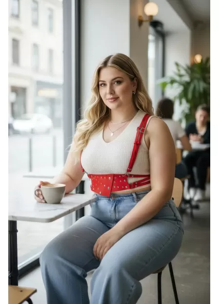 Büyük Beden Kırmızı Kadın Kemer Korse Tarzı Zımba Detaylı Kombin Aksesuarı - APFT918