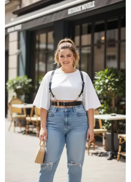 Büyük Beden Siyah Kadın Kemer Deri Harness Stil Halka Detaylı Vücut Aksesuarı - APFT934