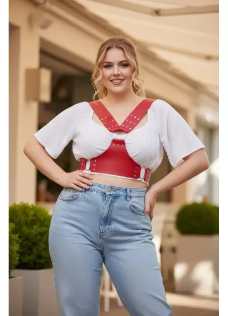 Büyük Beden Kırmızı Kadın Kemer Deri Korse Stil Zımbalı Askılı - APFT936