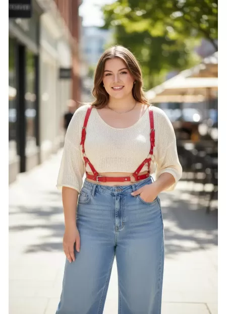 Büyük Beden Kırmızı Kadın Deri Vücut Kemeri Ayarlanabilir Strappy Tasarım - APFT938