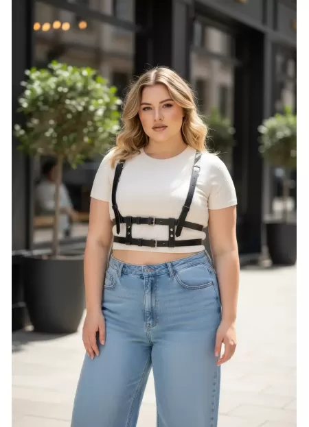 Büyük Beden Siyah Kadın Kemer Deri Harness Görünümlü Ayarlanabilir Vücut Aksesuarı - APFT941