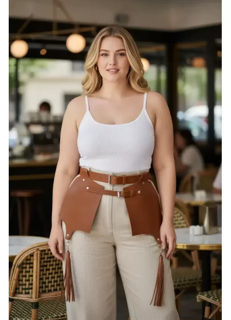 Büyük Beden Taba Kadın Deri Kemer, Korse ve Püskül Detaylı Harness - APFT985