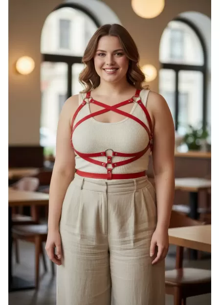 Büyük Beden Kırmızı Kadın Kemer Deri Vücut Aksesuarı Korse Detaylı - APFT991