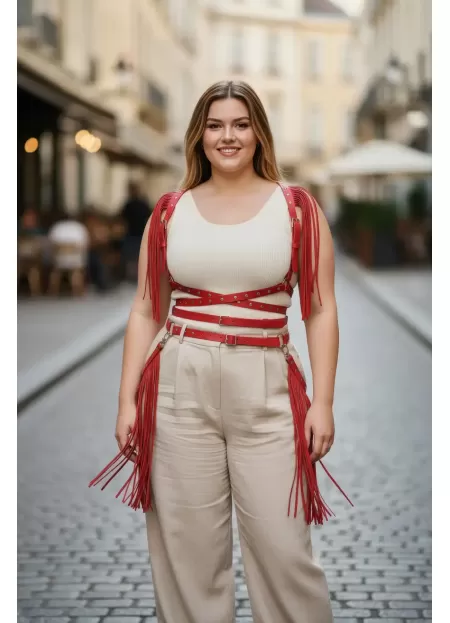 Büyük Beden Kırmızı Kadın Kemer Püskül Detaylı Deri Vücut Aksesuarı - APFT1005