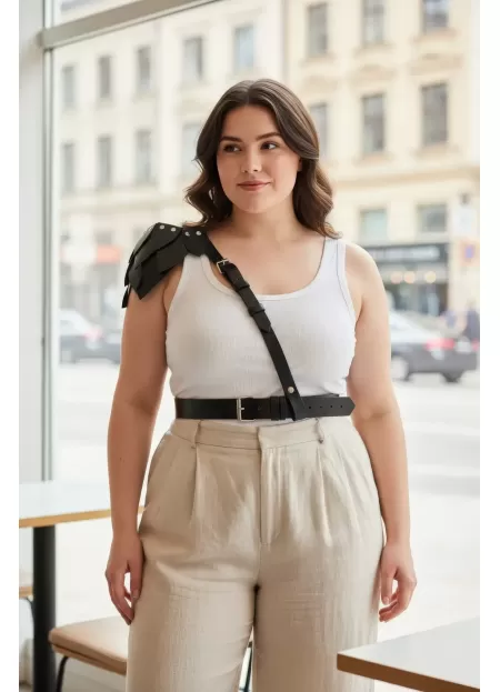 Büyük Beden Siyah Kadın Kemer, Omuz Harness Detaylı Hakiki Deri Kombin Aksesuarı - APFT1033