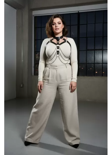 Büyük Beden Siyah Kadın Deri Harness Kemer Zincir ve Choker Detaylı - APFT1066