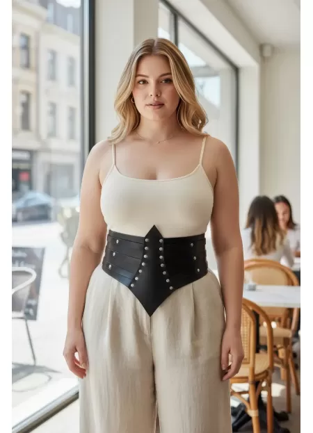 Büyük Beden Siyah Kadın Kemer Zımba Detaylı Geniş Korsaj Tasarım - APFT1087