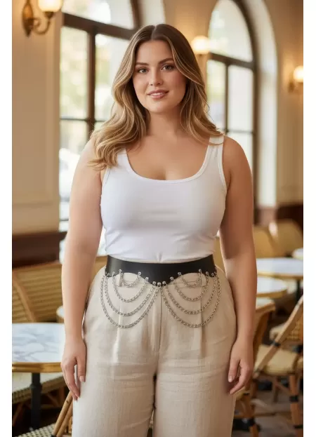 Büyük Beden Siyah Kadın Geniş Deri Kemer Zincir Detaylı - APFT1096