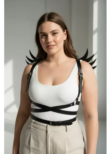 Büyük Beden Siyah Kadın Kemer Kanat Detaylı Deri Harness Vücut Aksesuarı - APFT1097