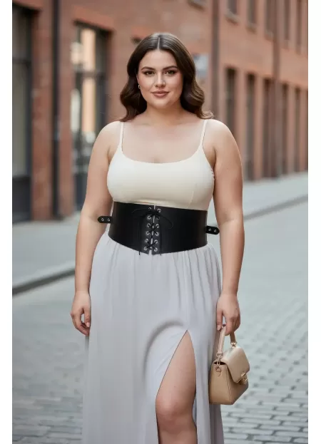 Büyük Beden Siyah Kadın Kemer Bağcıklı Korse Detaylı Elbise Kombin - APFT1127