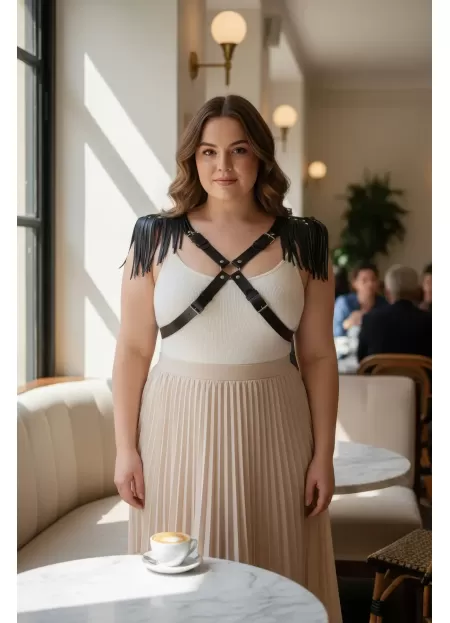 Büyük Beden Siyah Kadın Kemer Deri Harness Vücut Aksesuarı Omuz Püskül Detaylı - APFT1240