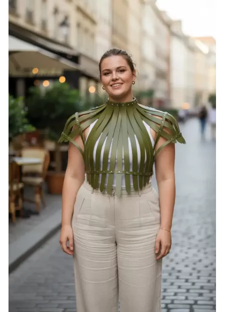 Büyük Beden Haki Kadın Kemer Korse Görünümlü Deri Vücut Aksesuarı - APFT1257