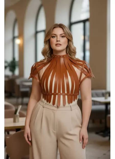 Büyük Beden Taba Kadın Kemer Omuzdan Askılı Zımba Detaylı Korse Tasarım - APFT1257