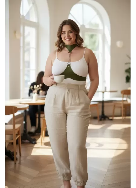 Büyük Beden Haki Kadın Kemer Deri Harness Zincir Detaylı Vücut Aksesuarı - APFT1265