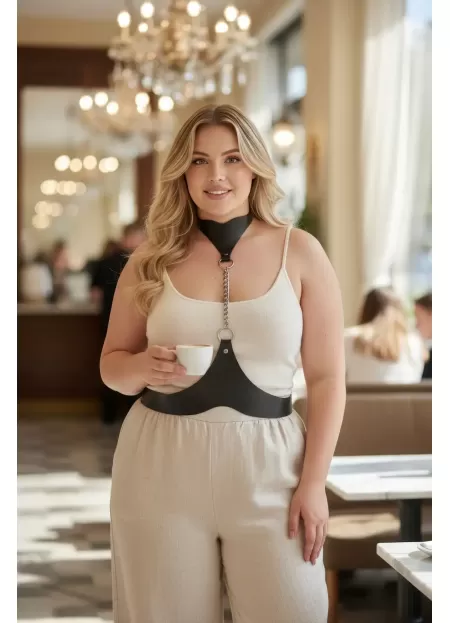 Büyük Beden Siyah Kadın Deri Vücut Kemeri Zincir Detaylı Kombin Aksesuarı - APFT1265