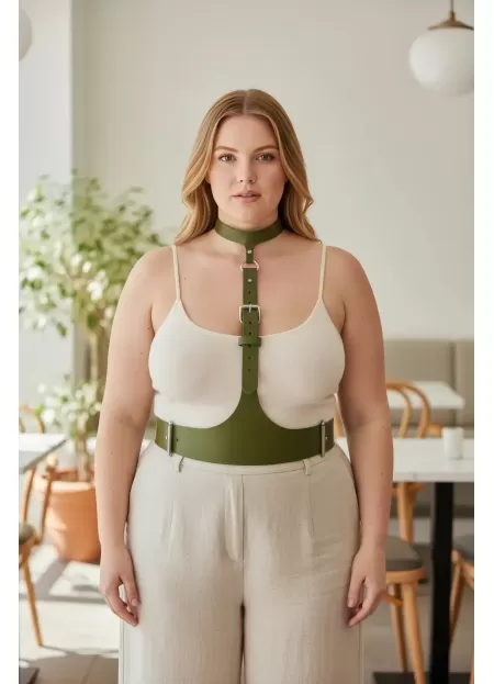 Büyük Beden Haki Kadın Kemer, Korse Görünümlü Deri Harness Vücut Aksesuarı - APFT1297