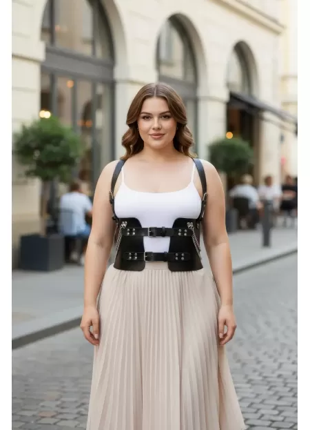 Büyük Beden Siyah Kadın Kemer Korse Görünümlü Zincir Detaylı - APFT1300