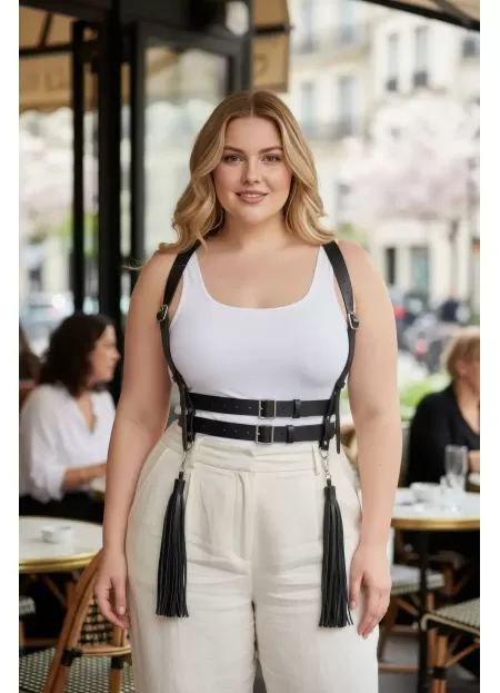 Büyük Beden Siyah Kadın Kemer Askılı Korse Tarzı Püskül Detaylı Deri Vücut Aksesuarı - APFT1393