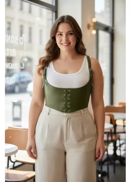 Büyük Beden Haki Kadın Kemer Korse Görünümlü Bağlama Detaylı - APFT1428