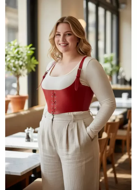 Büyük Beden Kırmızı Kadın Kemer Bağcıklı Deri Korse Harness - APFT1428