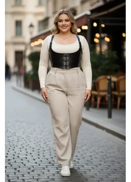 Büyük Beden Siyah Kadın Kemer Bağcıklı Korse Detaylı Deri Görünümlü - APFT1428