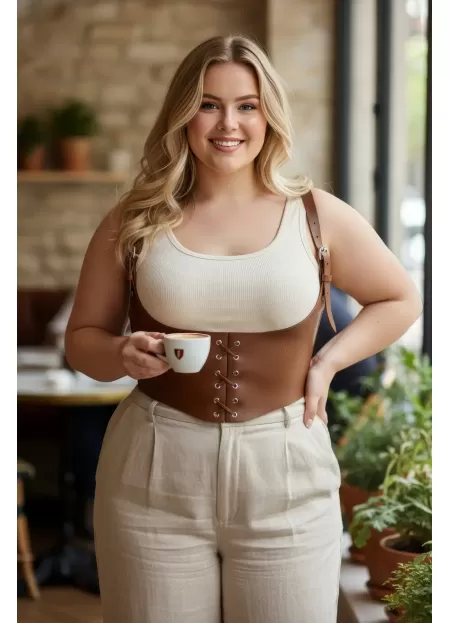 Büyük Beden Taba Kadın Kemer Omuz Askılı Bağlamalı Deri Korse - APFT1428