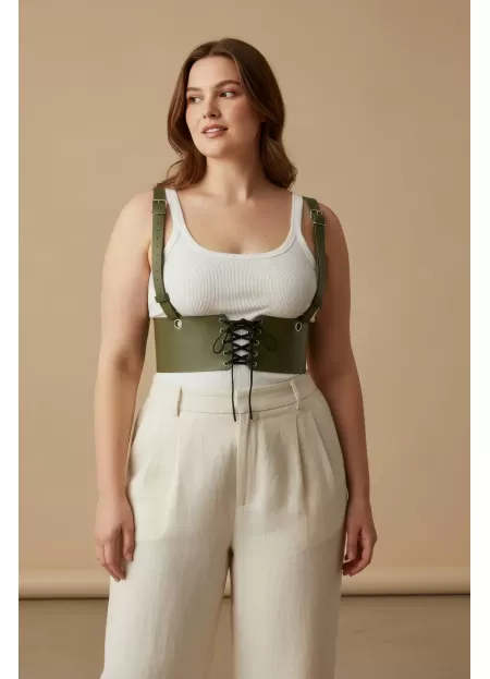 Büyük Beden Haki Kadın Kemer Omuz Askılı Bağlamalı Korse Stili - APFT1429