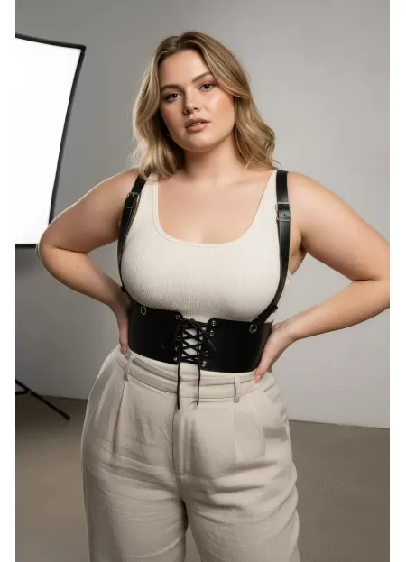 Büyük Beden Siyah Kadın Deri Kemer Omuz Askılı Bağcıklı Korse - APFT1429