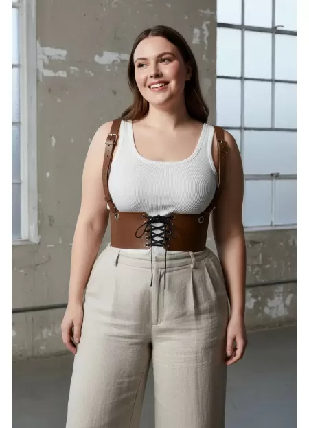 Büyük Beden Taba Kadın Korse Kemer Omuz Askılı Bağcık Detaylı - APFT1429