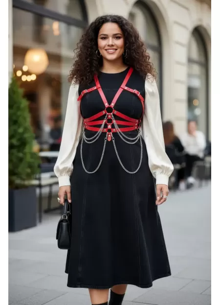 Büyük Beden Kırmızı Kadın Kemer Deri Harness Zincir Detaylı Vücut Aksesuarı - APFT9