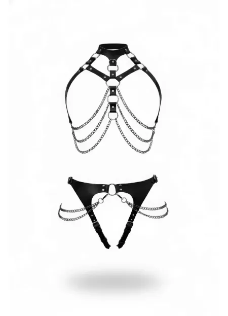 Siyah Harness Takım Zincir Detaylı Halkalı Vücut Aksesuarı - APFT1387