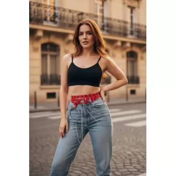 Kırmızı Kadın Kemer Zincir Detaylı Metal Delikli - APFT731