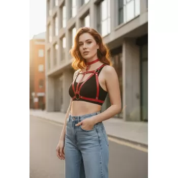 Kırmızı Kadın Kemer Deri Çapraz Bantlı Göğüs Aksesuarı - APFT747