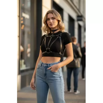 Siyah Kadın Kemer Suni Deri Vücut Şeritli Halka Detaylı - APFT747