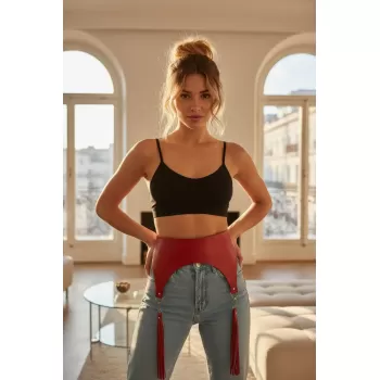 Kırmızı Kadın Kemer Geniş Püskül Detaylı Dokulu Bel Aksesuarı - APFT755