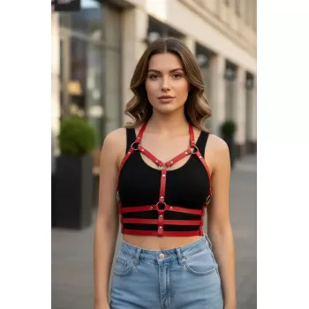 Kırmızı Kadın Kemer Suni Deri Çoklu Halka Detaylı Gövde Aksesuarı - APFT760