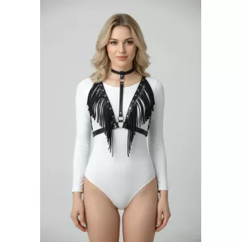 Siyah Kadın Kemer Püskül Detaylı Deri Yelek Aksesuarı - APFT767