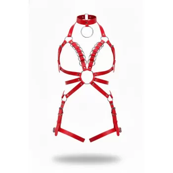 Kırmızı Harness Takım Deri Metal Halka Detaylı Boyunluklu - APFT781