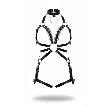 Siyah Harness Takım Deri Metal Halka Detaylı Boyunluklu - APFT781