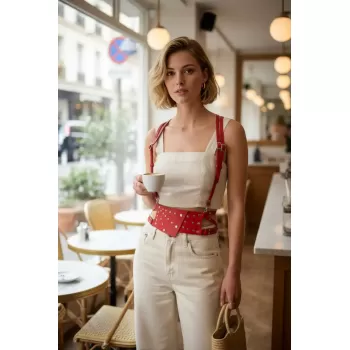 Kırmızı Kadın Kemer Zımba Detaylı Geniş Deri - APFT918