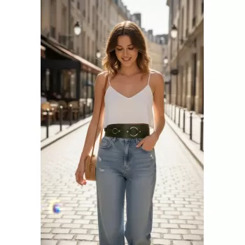 Haki Kadın Kemer Kalın Halka Tokalı Bel Aksesuarı - APFT920