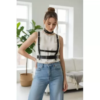 Siyah Kadın Kemer Vücut Harness Detaylı Bel Aksesuarı - APFT959