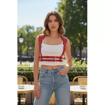 Kırmızı Kadın Kemer Omuz Detaylı Çift Tokalı Deri - APFT966