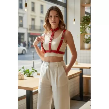 Kırmızı Kadın Kemer Yaka Detaylı Çoklu Bantlı Aksesuar - APFT969