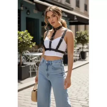 Siyah Kadın Kemer Suni Deri Göğüs Ve Yaka Aksesuarı - APFT969