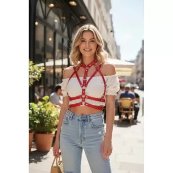 Kırmızı Kadın Kemer Çoklu Şeritli Toka Detaylı Vücut Aksesuarı - APFT970