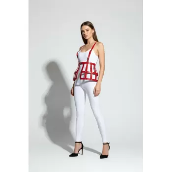 Kırmızı Etek Deri Kafes Detaylı Etek Yüksek Bel Etek Korse - APFT983