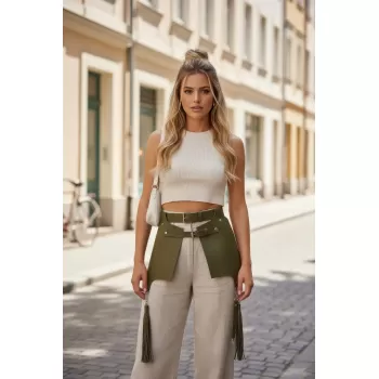 Haki Kadın Kemer Panelli Püskül Detaylı Deri Bel Aksesuarı - APFT985